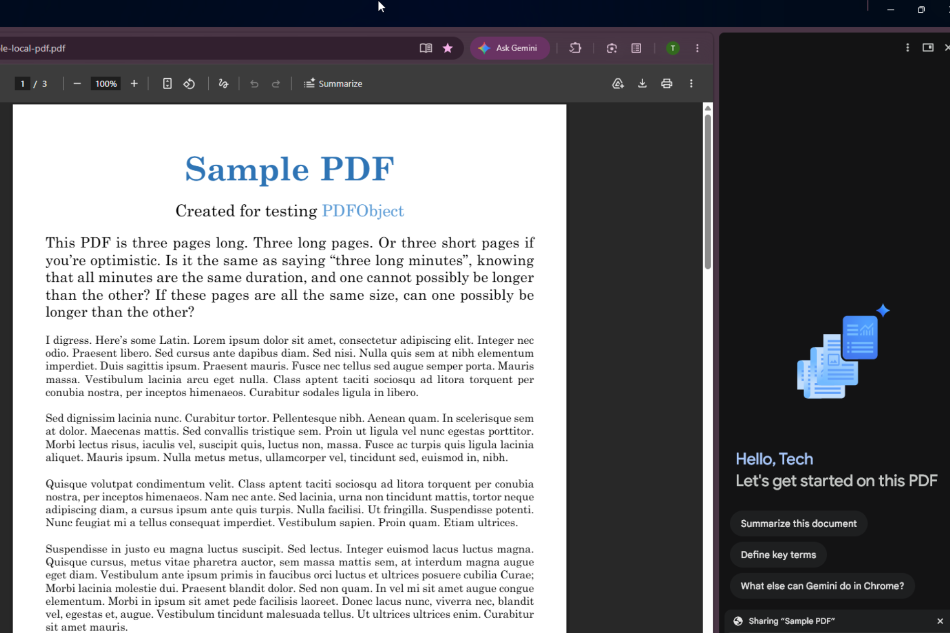 Gemini in Chrome side panel showing PDF summary options alongside an open document