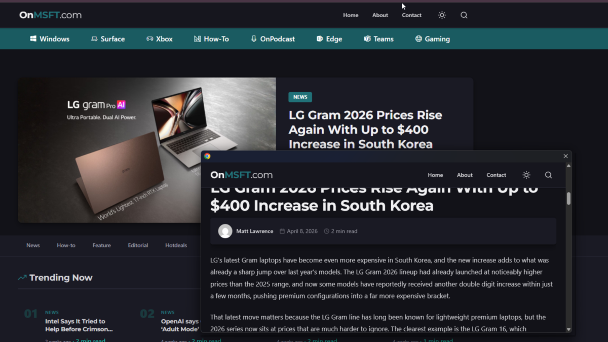 Chrome Link Preview feature showing a webpage in a floating window on desktop