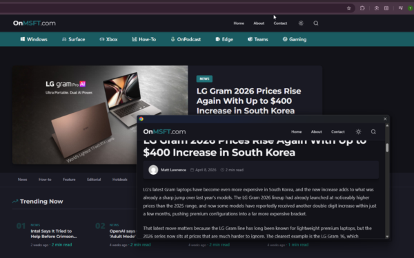 Chrome Link Preview feature showing a webpage in a floating window on desktop
