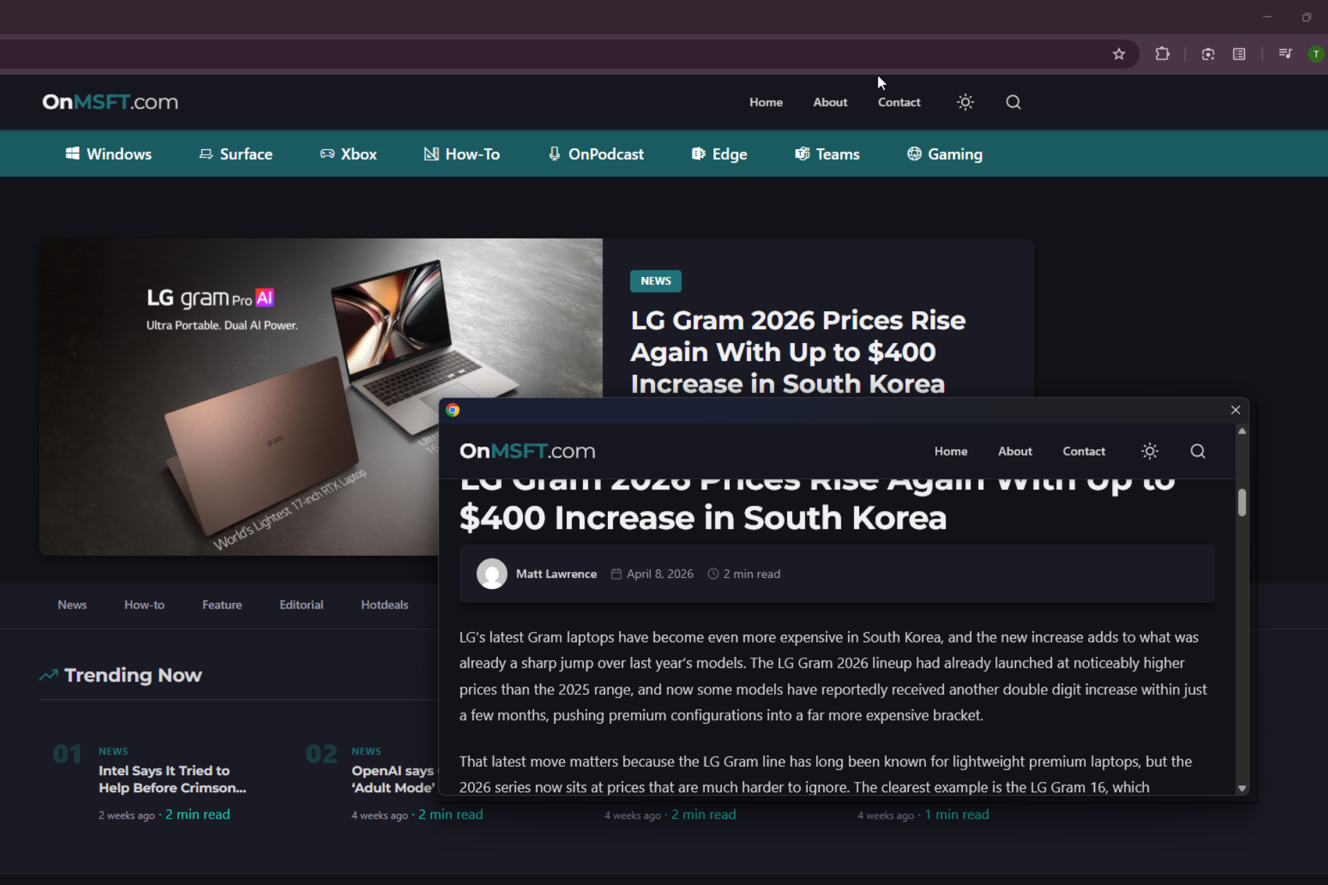 Chrome Link Preview feature showing a webpage in a floating window on desktop